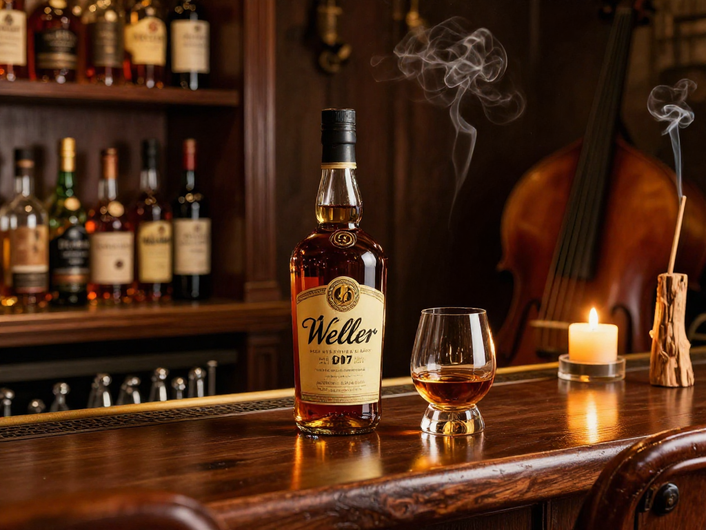 Weller Antique 107 Bourbon showcased in an elegant bar setting with candlelight.