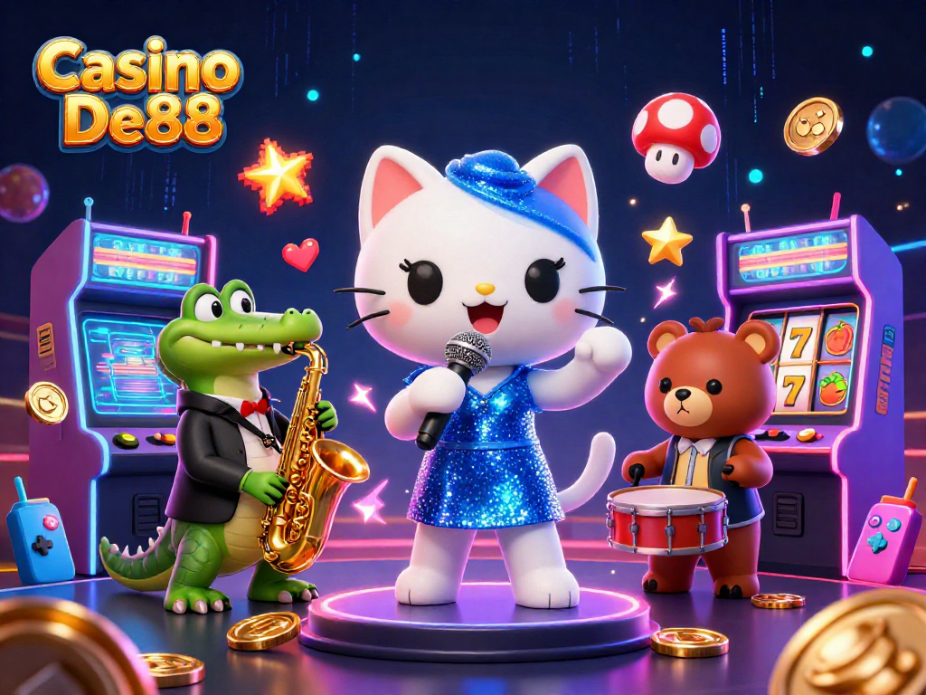 Engage with Casino De88's electrifying atmosphere featuring a singing cat, saxophonist crocodile, and dynamic gaming elements.
