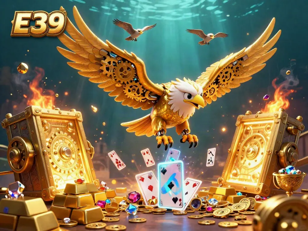 E39 casino experience featuring a golden eagle surrounded by holographic cards and rich treasures.
