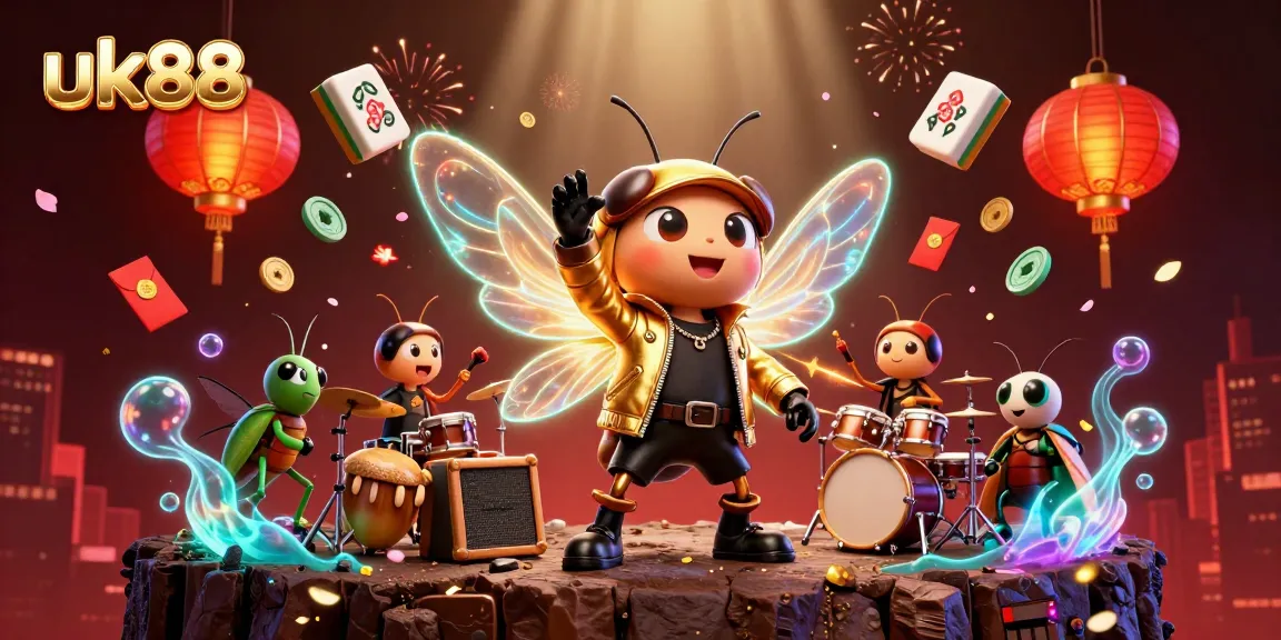 Experience excitement at uk88 with a vibrant 3D casino celebration featuring a cicada rock star and captivating casino elements.
