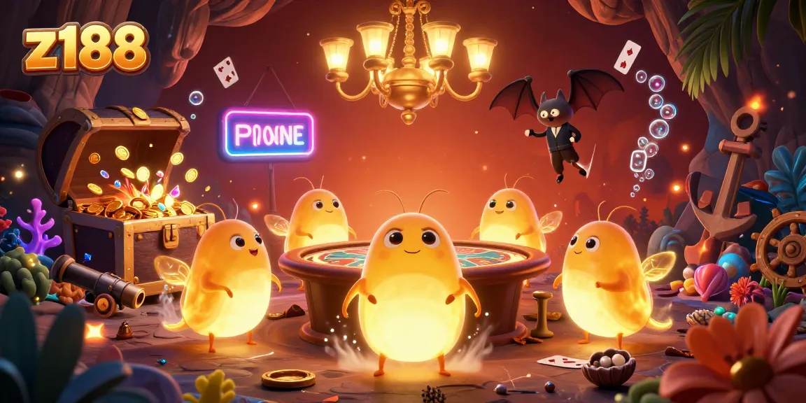 Experience the exciting atmosphere of z188 online casino with vibrant glowworms lighting the game tables and treasure chests.