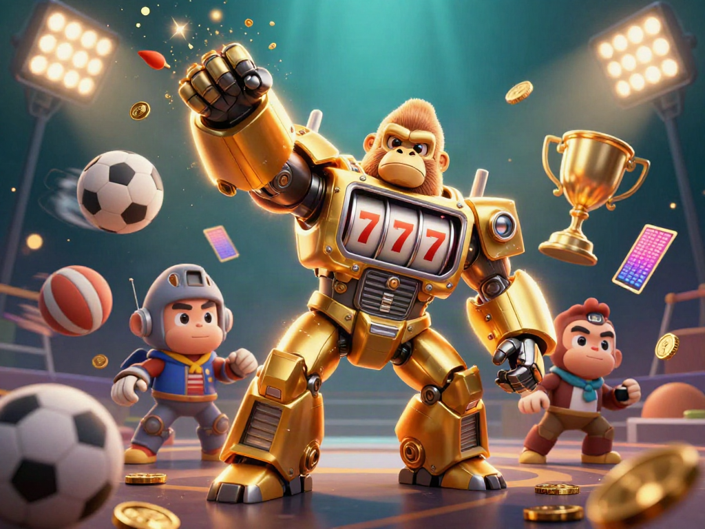 Experience thrilling slots action with SIN88's golden gorilla mech amidst a dynamic gaming scene.