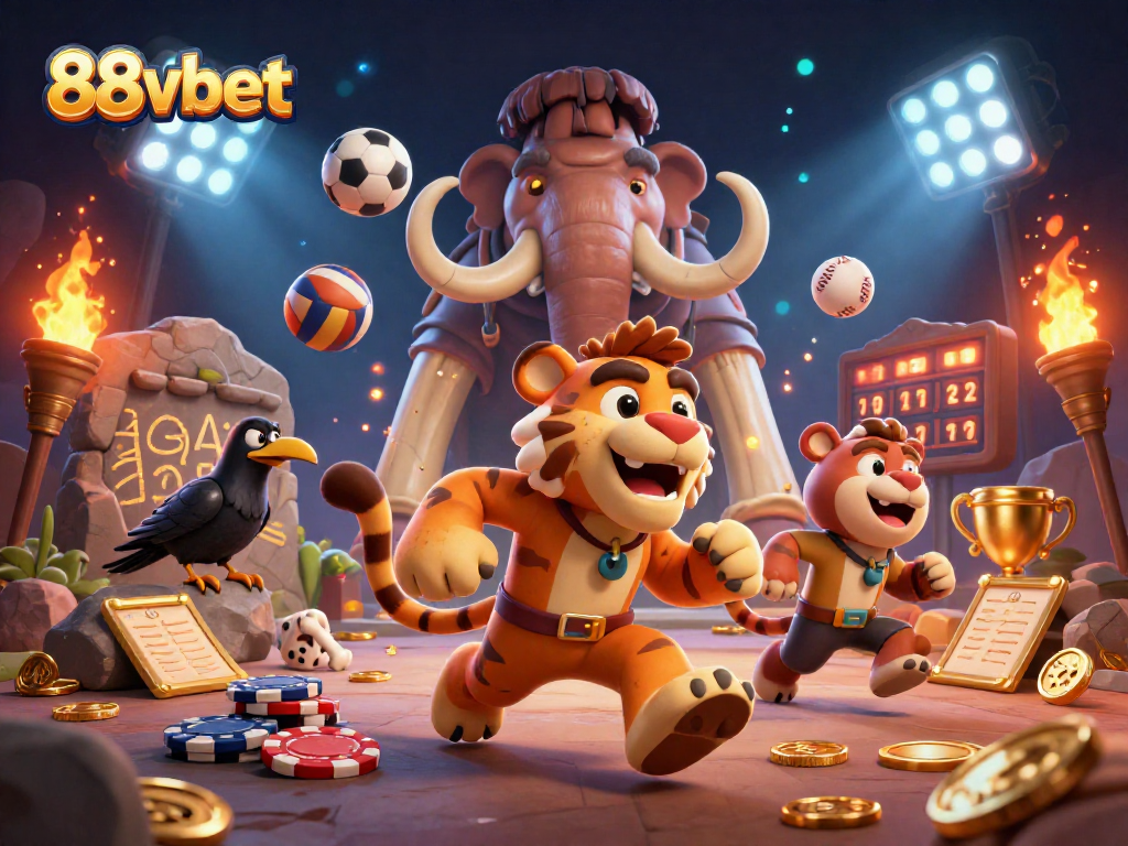Experience thrilling gameplay with 88vbet in a vibrant casino scene featuring dynamic sports elements.