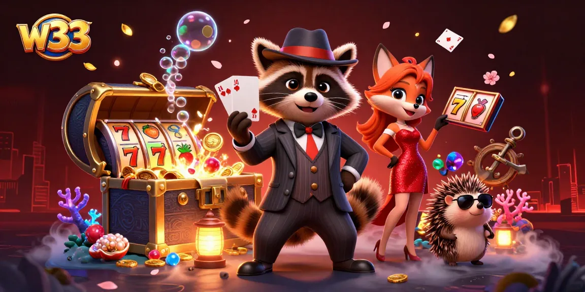 Experience the excitement at w33 casino with a charming raccoon and friends celebrating wins.