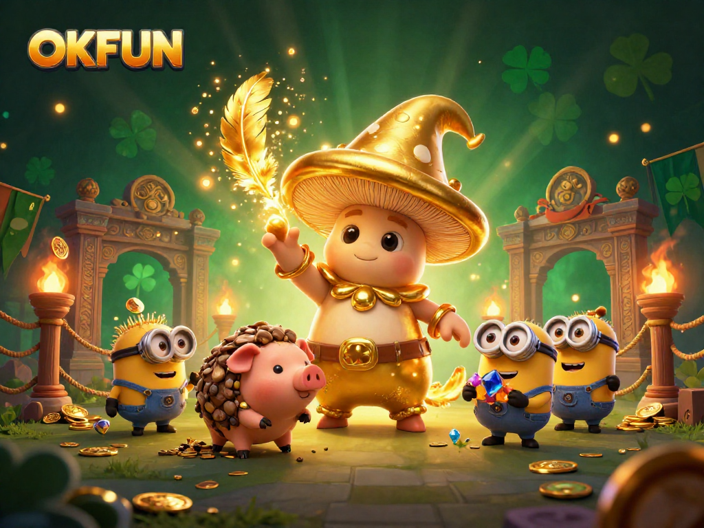 Join the excitement at OKFUN with dynamic treasure-seeking characters and vibrant gaming elements.