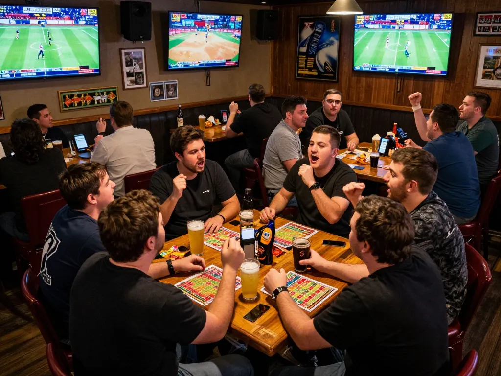 Excited fans actively placing bets at tr88 com in a lively sports bar atmosphere.