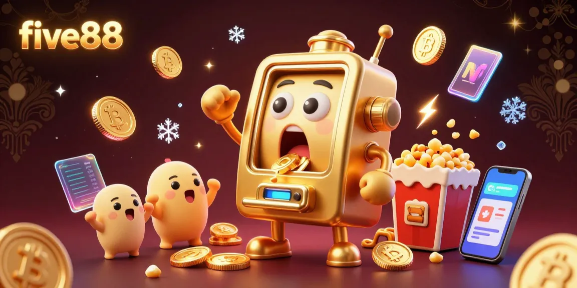 Celebrate jackpots with five88's cheerful slot machine illustration amidst crypto coins.