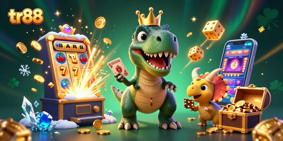 Experience the excitement at tr88 with a fun illustration featuring a T-Rex and friends engaged in casino gaming.