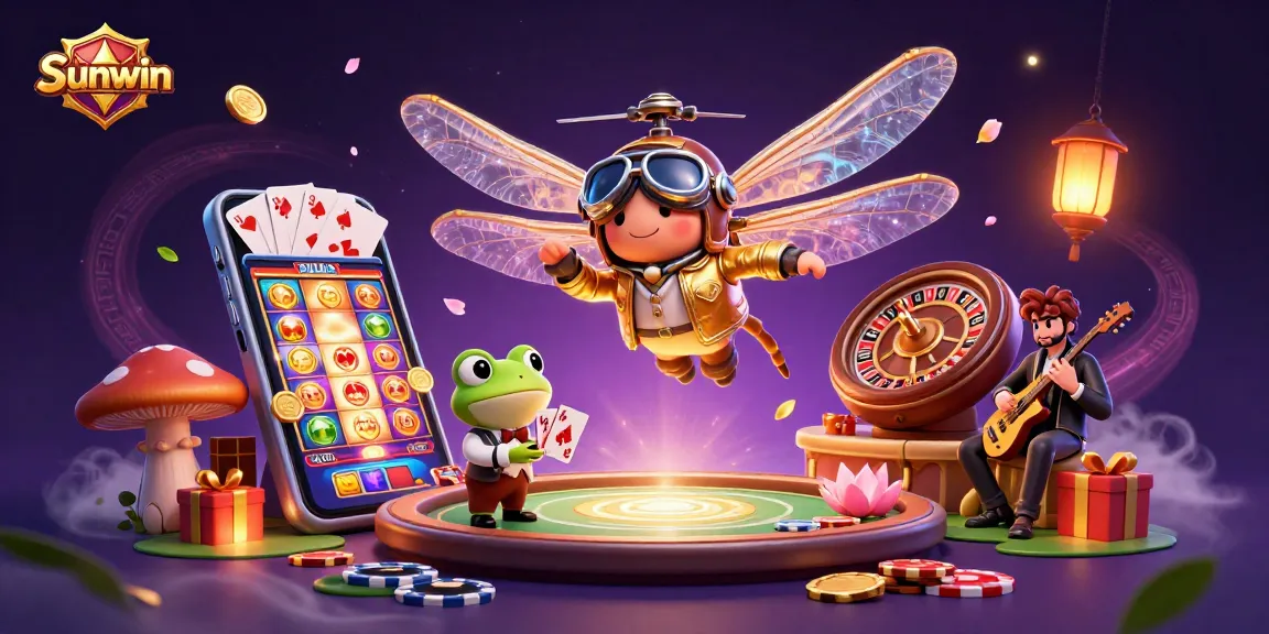 Experience the vibrant world of Sunwin with a lively dragonfly pilot, frog croupier, and jazz cricket musicians.