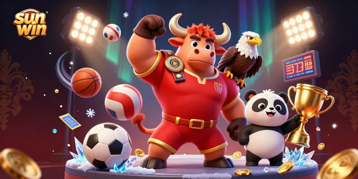 Join the excitement with sun win while the bull mascot, eagle, and panda celebrate winning moments in a vibrant casino scene.