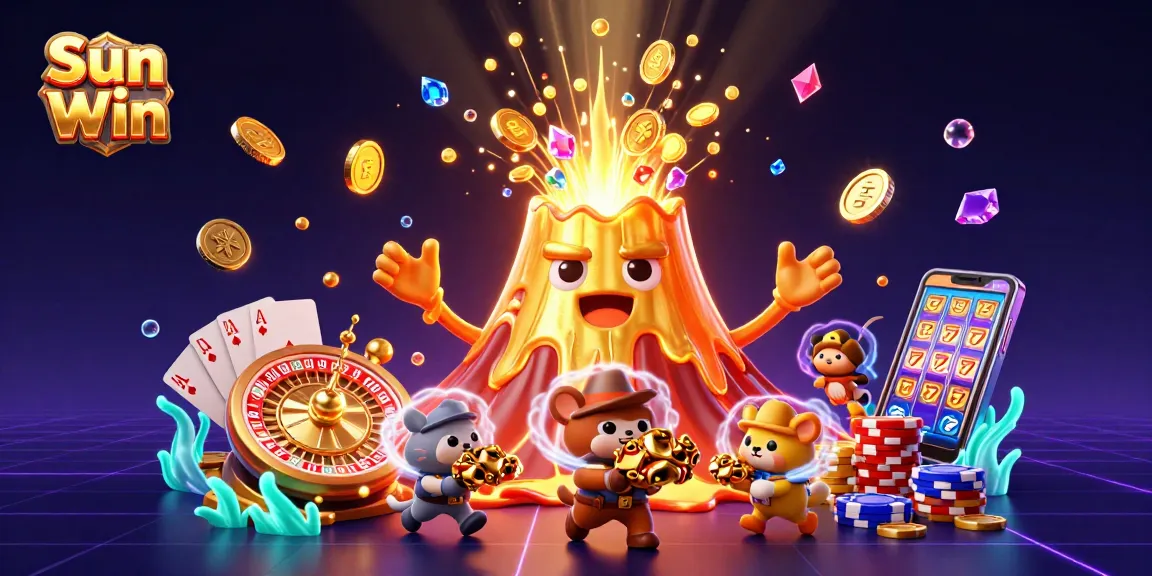 Engage with Sun Win's thrilling 3D casino landscape, featuring a triumphant volcano amidst a treasure eruption.