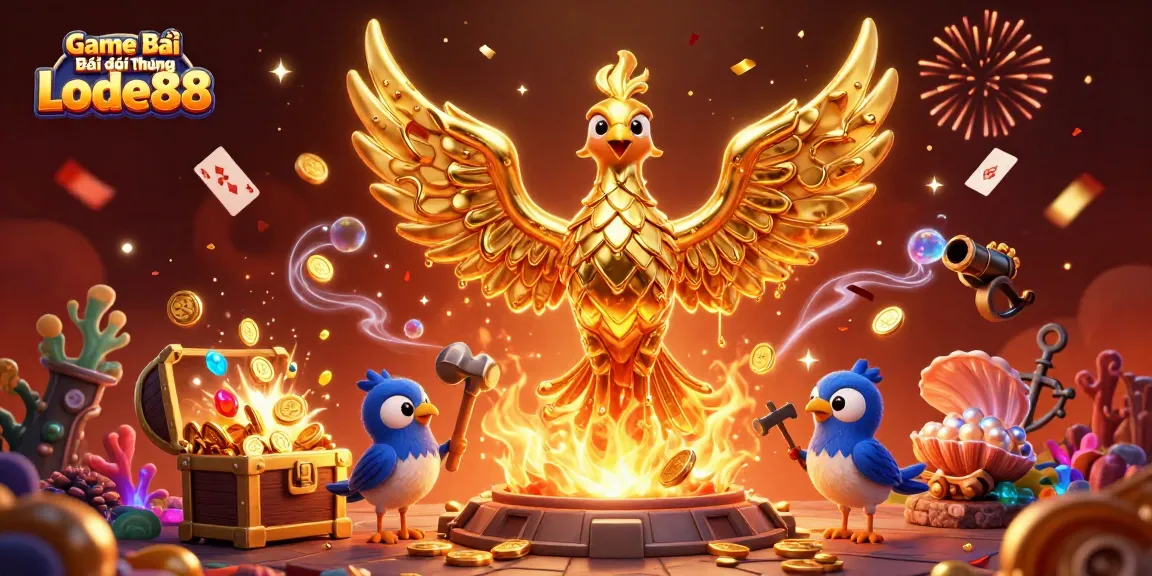 Experience the thrilling Game Bài Đổi Thưởng Lode88 with a dynamic illustration featuring a golden phoenix and treasure elements.