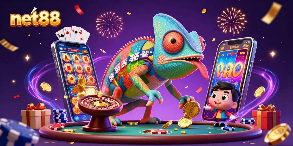 Bet on net88 with colorful slot games and a lively chameleon casino atmosphere.