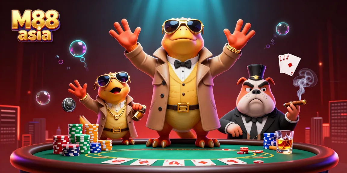 M88 asia captivates players with a packed 3D casino scene featuring raptors in disguise trying to enter a VIP lounge.