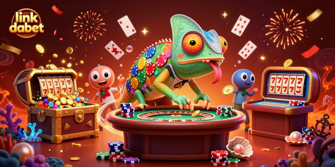 Engage with link dabet through a dynamic 3D casino scene featuring colorful chameleon and poker elements.