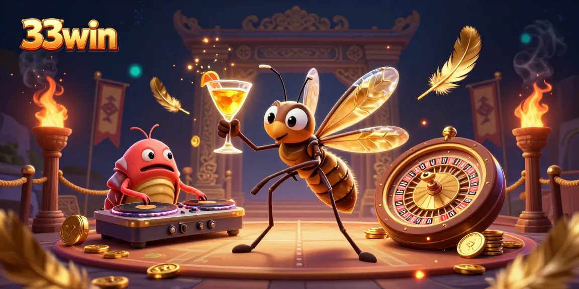 Experience the thrilling action at 33win with vibrant casino characters amidst a dynamic gambling scene.